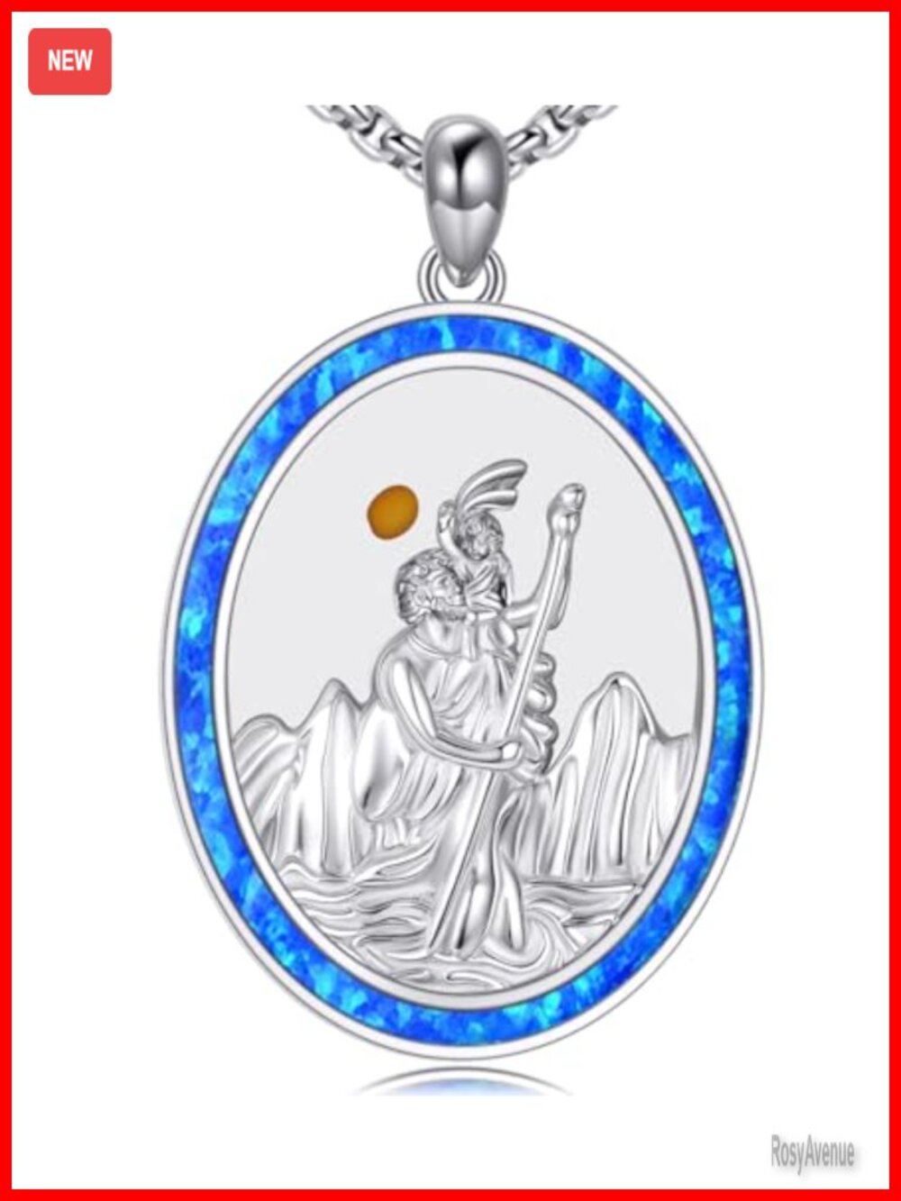 Sterling Silver ST Christopher Necklace Blue Opal Christian Pendant